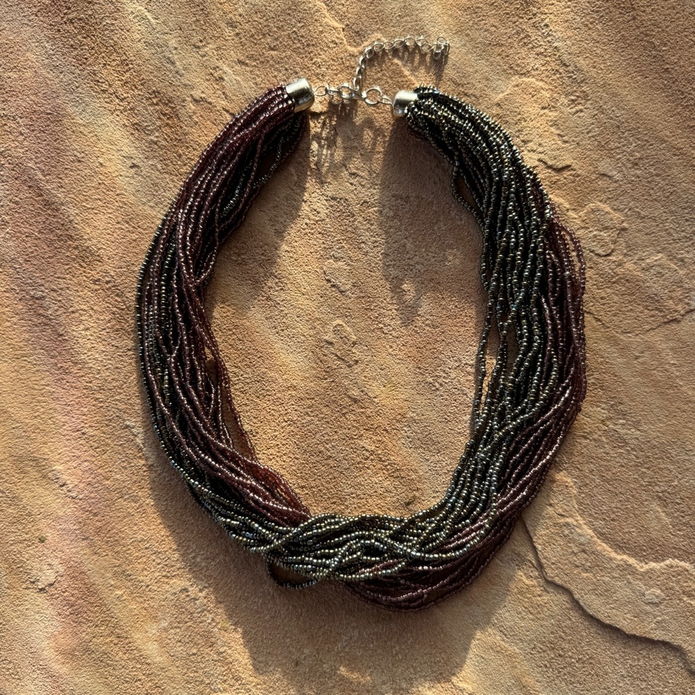 Iridescent Black & Purple Multi-Strand Seed Bead Necklace – Adjustable 18–21”